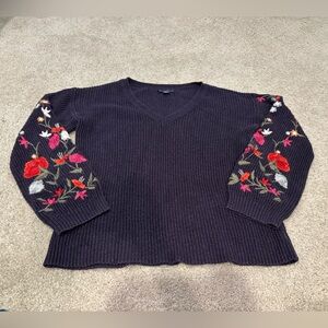 American Eagle Outfitters Dark V-Neck Sweater with Floral Sleeves